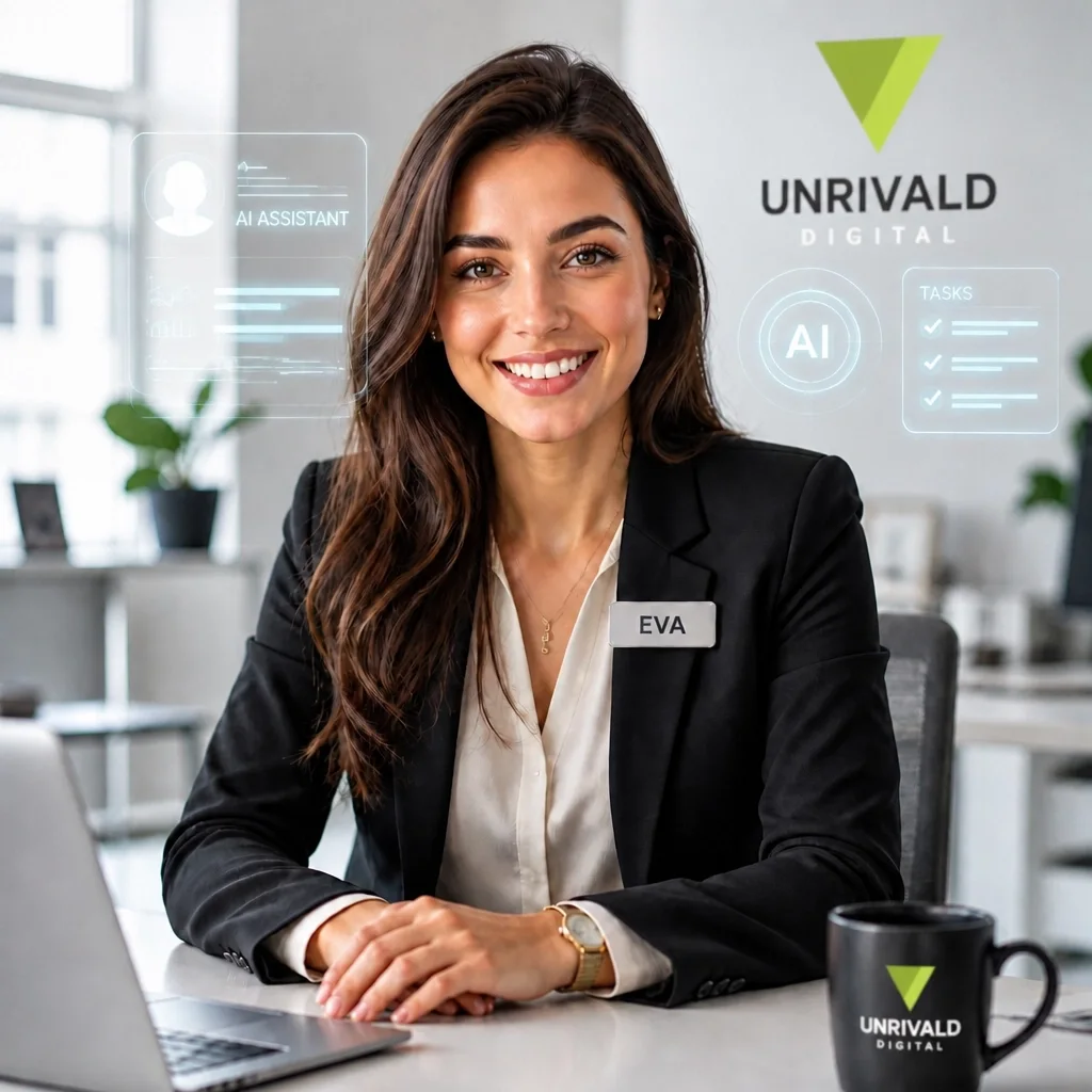 Eva, an AI assistant, seated at a desk with a laptop and Unrivald mug