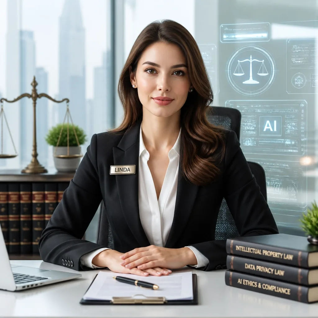 Linda, an AI legal associate, seated in a professional legal office