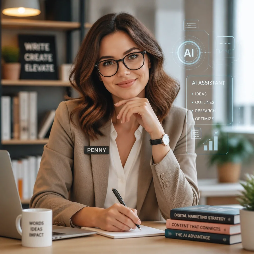 Penny, an AI assistant, writing at a desk with books and a laptop