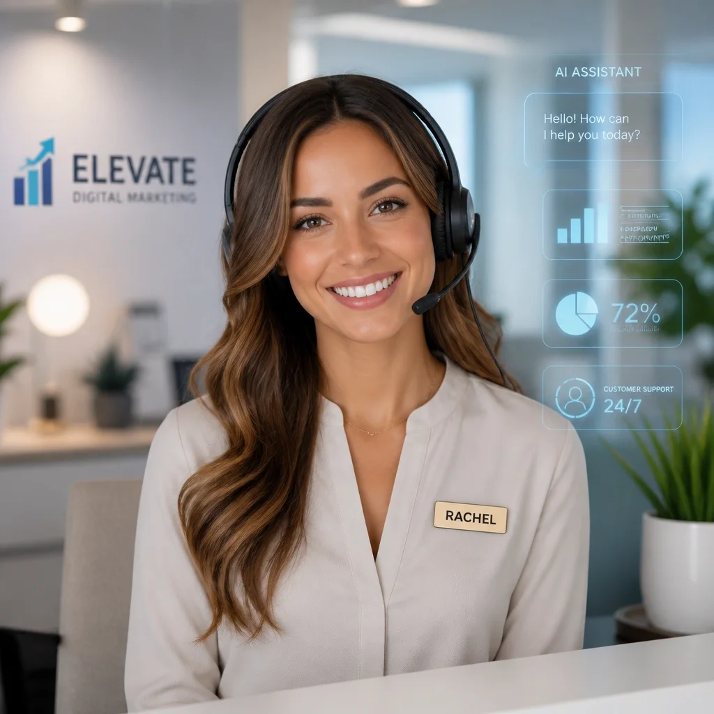Rachel, an AI assistant, smiling at a desk in a bright office