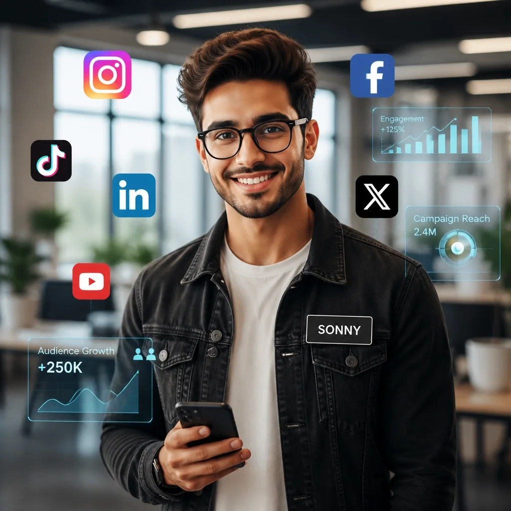 Sonny, an AI assistant, holding a phone with social media interfaces around him