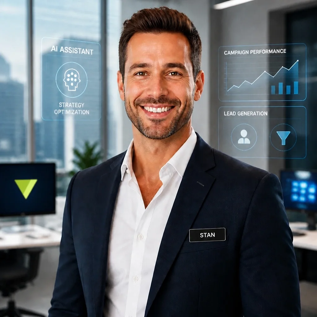 Stan, an AI assistant, standing in a bright office in a dark jacket